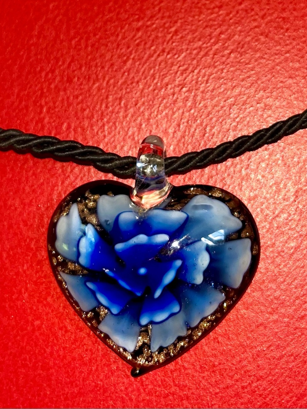 Heart Pendant Necklace - Murano Glass Sapphire Blue & Gold Made In Italy